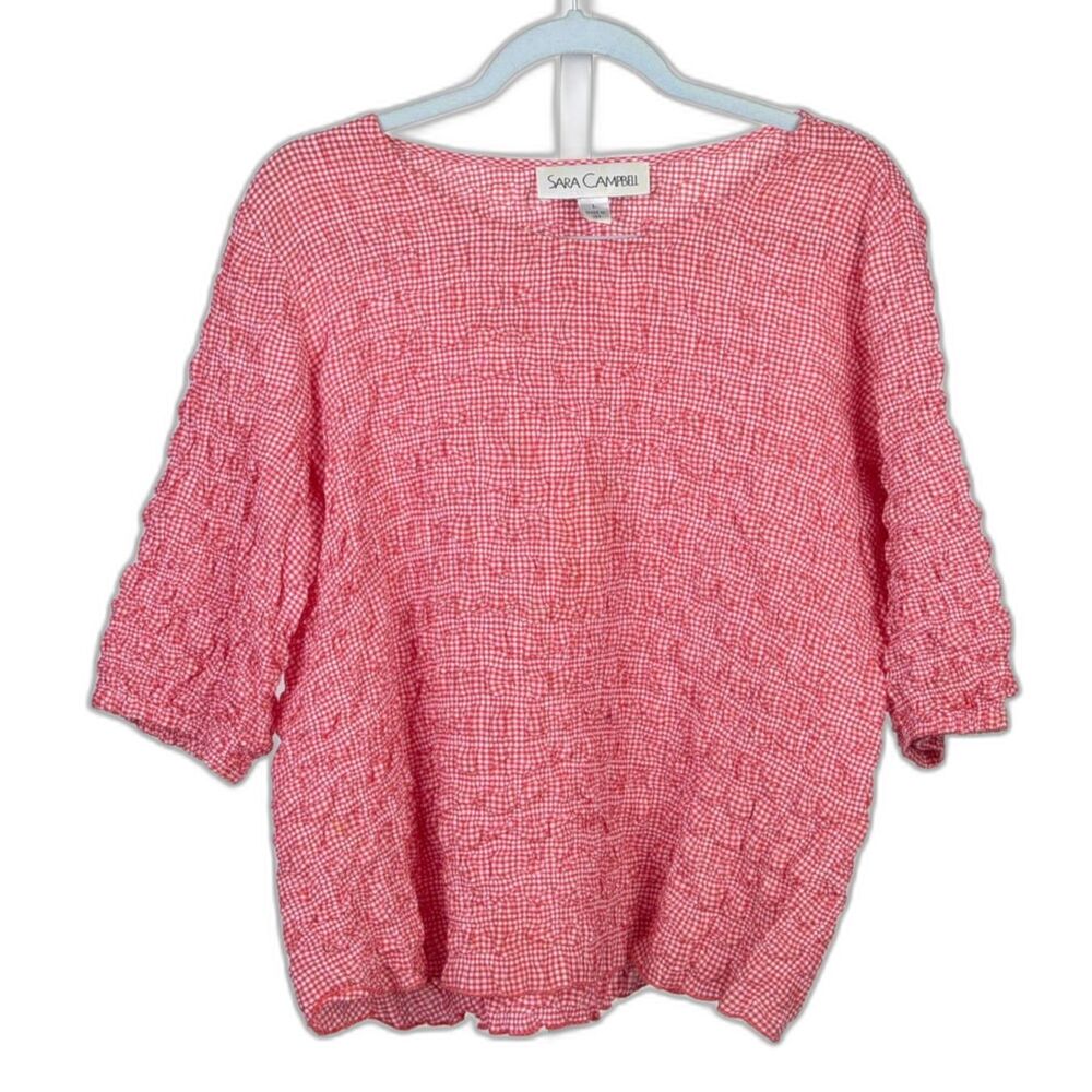 Sara Campbell Red Gingham Check Pucker Cotton Top Size L